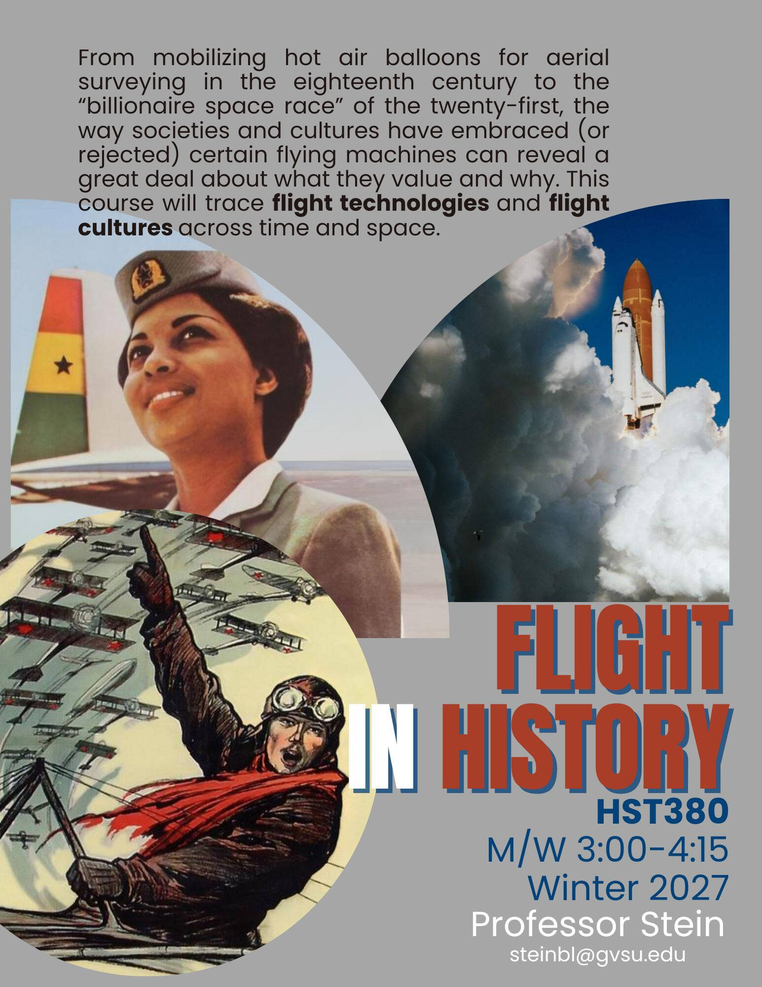 HST380 Flyer with a female pilot, a cartoon pilot, and a space shuttle blasting off
